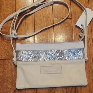 Estellon Made in France Genuine Leather Crossbody Bag Silver Glitter